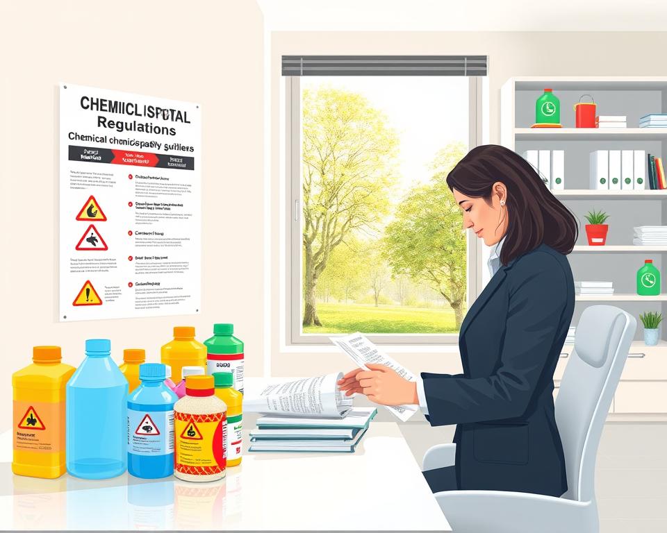 A visually engaging illustration of chemical disposal regulations set in a clean, modern office environment. In the foreground, a professional-looking woman in business attire is reviewing detailed paperwork on chemical safety guidelines at a sleek desk. Beside her, colorful chemical containers are neatly labeled with hazard symbols, each clearly indicating their contents, while a large, informative poster about legal disposal methods hangs on the wall. In the middle ground, a window reveals a bright, sunny outdoor space with trees, symbolizing environmental safety. The background features shelves containing additional resources on hazardous materials. The lighting is bright and natural, creating an inviting yet serious atmosphere that emphasizes the importance of chemical safety compliance in household contexts.
