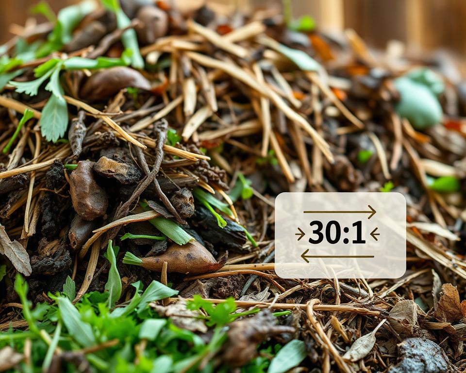 A visually engaging illustration of the carbon-to-nitrogen ratio in the context of composting, featuring a balanced composition of green (grass clippings, vegetable scraps) and brown materials (dry leaves, straw) in a compost pile. In the foreground, display richly textured layers of these materials, each distinctly colored to emphasize their organic nature. In the middle ground, include a clear, detailed infographic or schematic that visually represents the ideal 30:1 carbon-to-nitrogen ratio, with arrows and symbols for clarity. The background should have soft, natural lighting, highlighting the compost pile and creating an inviting, earthy atmosphere. Aim for a warm, educational mood that encourages understanding of compost balance without any distractions. No text or markings should be present in the image.