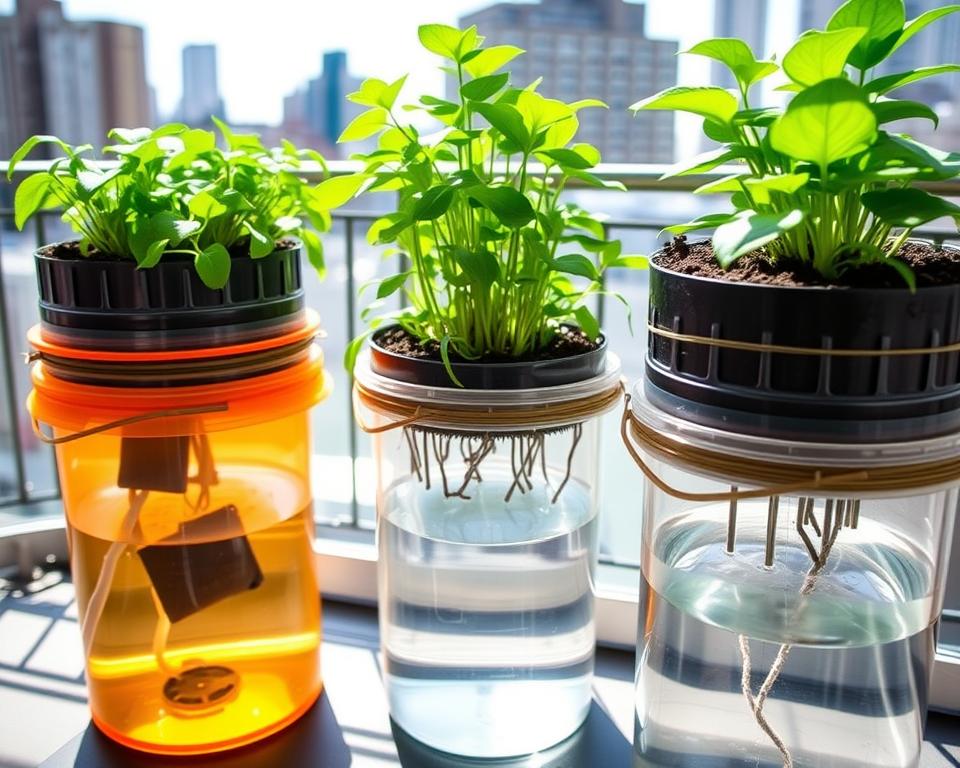 A well-designed DIY self-watering container system using the bucket method, prominently displayed in the foreground. The containers are crafted from vibrant plastic buckets, featuring a clear water reservoir at the bottom and soil-filled top sections with lush, green plants thriving inside. A close-up view shows intricately arranged components, including wicking material and drainage holes. The middle ground reveals an urban balcony or patio setting with cityscape elements softly blurred in the background. Natural sunlight filters through, casting gentle shadows, enhancing the greenery's vibrancy. The atmosphere is lively and inviting, perfect for busy urban gardeners looking for practical solutions. The image captures a sense of innovation and sustainability in urban gardening, promoting a hands-on gardening style.
