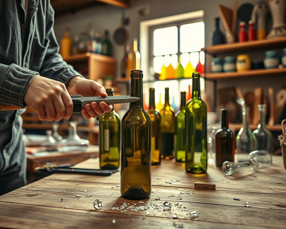 A well-lit workshop scene showcasing a creative process of cutting wine bottles for upcycling. In the foreground, a pair of hands in modest casual clothing is skillfully maneuvering a glass cutter around the neck of a wine bottle, with small glass shards scattered on a wooden workbench. The middle ground features various wine bottles in different stages of preparation, some freshly cut with smooth edges, while others are waiting to be transformed. In the background, shelves lined with colorful upcycled vases and tools create an inviting atmosphere, illuminated by warm, natural light streaming through a window. The overall mood is artistic and inspiring, reflecting the essence of creativity and sustainability.