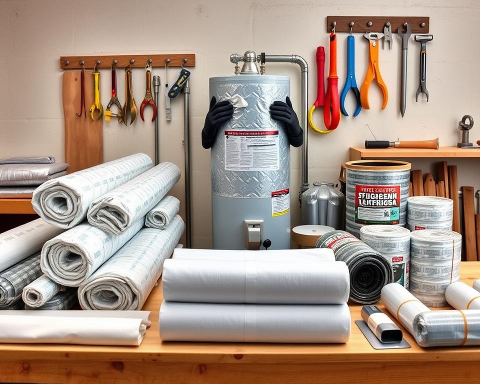 A well-lit workshop setting showcasing an array of DIY insulation materials for water heaters and pipes. In the foreground, neatly arranged items such as fiberglass insulation rolls, foam pipe covers, and reflective heat wraps on a wooden workbench. In the middle, an insulated water heater with neatly applied materials, a pair of gloved hands demonstrating installation techniques, all in modest casual clothing. The background features a light-colored wall with tools and insulation accessories hanging, creating an organized and practical atmosphere. Use natural lighting to enhance clarity and detail, capturing angles that highlight the textures and colors of the materials. The overall mood should be informative and encouraging, inviting viewers to engage in DIY insulation projects.