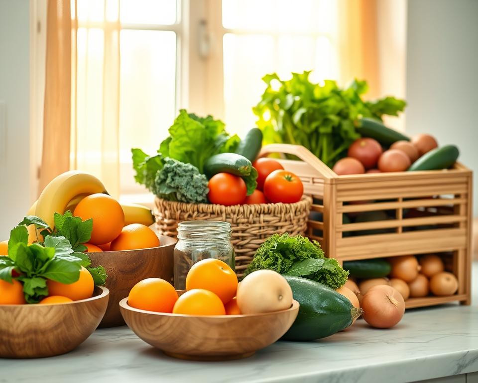 A well-organized kitchen countertop featuring an array of fresh fruits and vegetables in eco-friendly storage solutions. In the foreground, a rustic wooden bowl holds bright oranges, apples, and bananas, while a glass jar contains leafy greens like kale and spinach. In the middle, a woven basket filled with ripe tomatoes and cucumbers sits beside a bamboo storage box filled with potatoes and onions. The background shows a sunny window with sheer curtains, allowing warm, natural light to illuminate the scene, creating a fresh and inviting atmosphere. This image should convey a sense of sustainability and healthful living, highlighting the beauty of organic produce without any plastic packaging. The overall composition should be cozy and aesthetically pleasing, evoking a clean and eco-conscious vibe.