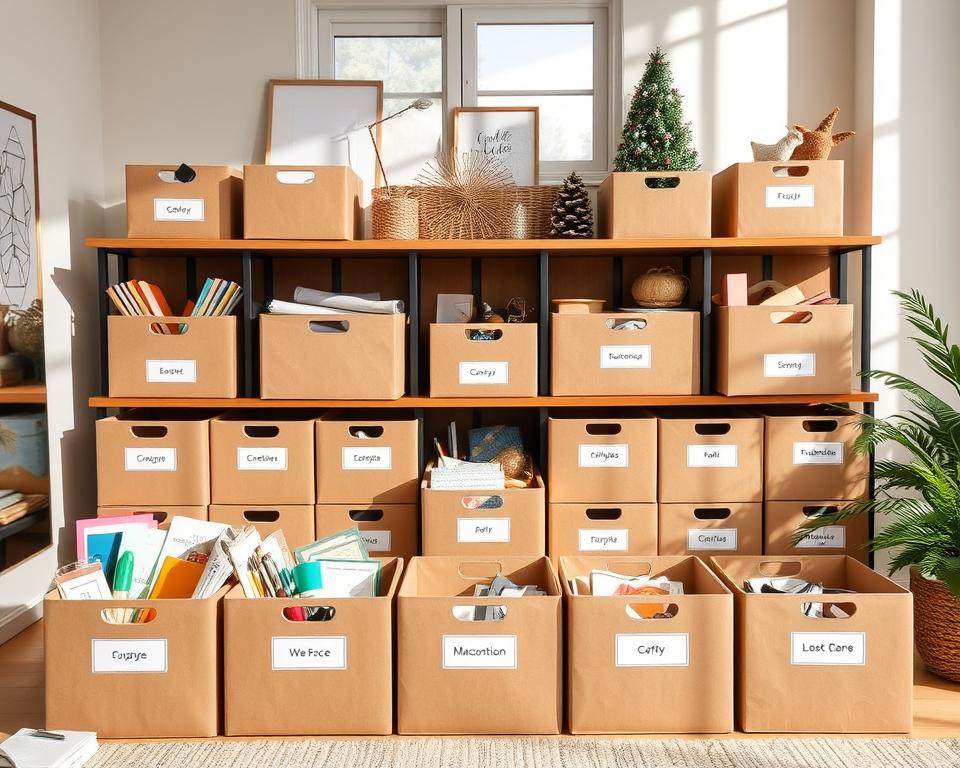 A well-organized room showcasing stylish cardboard box storage bins in varied sizes, each elegantly labeled for easy identification. The foreground features a neatly arranged workspace with bins filled with vibrant craft supplies, office materials, and seasonal decorations. In the middle, a stylish wooden shelf displays the bins, allowing their textures and labels to stand out, with soft pastels and earthy tones creating a harmonious color palette. The background includes a cozy window streaming in warm natural light, casting gentle shadows that enhance the inviting atmosphere. The overall mood is practical yet chic, emphasizing functionality and aesthetics in home organization. The scene is captured from a slightly elevated angle, providing a comprehensive view of the arrangement.