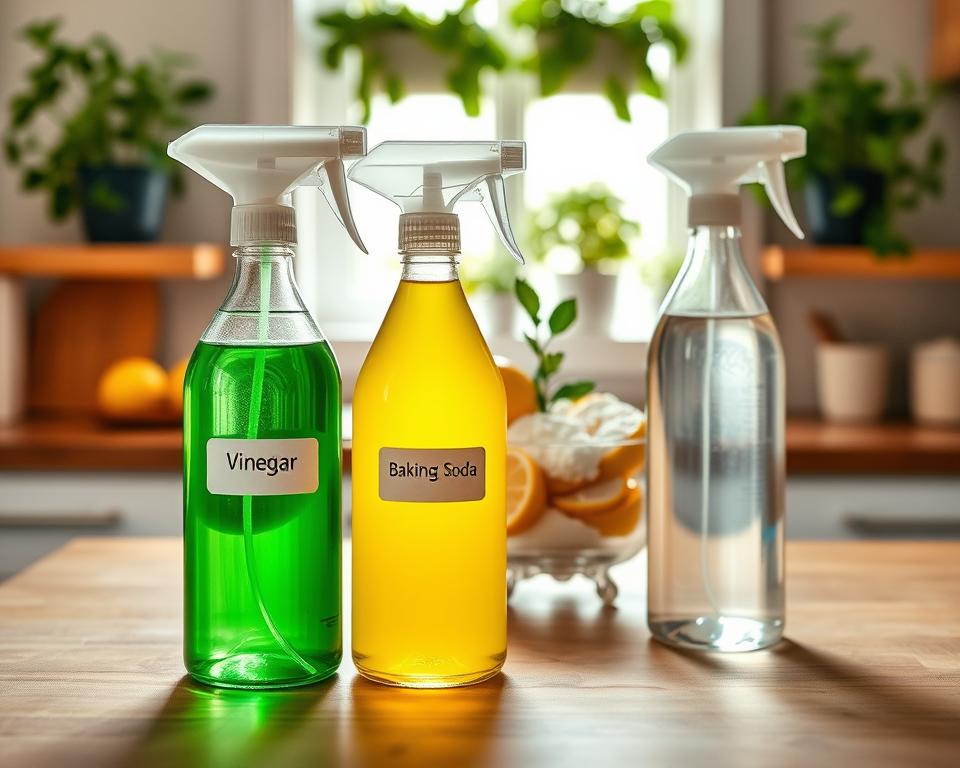 A well-organized, serene kitchen scene featuring an array of homemade cleaning sprays. In the foreground, three glass spray bottles filled with vibrant liquids in various colors—green, yellow, and clear—sitting on a wooden countertop. Each bottle has a simple label indicating natural ingredients like vinegar, lemon, and essential oils. In the middle ground, a bowl filled with fresh lemon slices, baking soda, and a sprig of mint adds a touch of freshness. The background displays a sunlit window with potted herbs, enhancing the natural, eco-friendly atmosphere. Soft, warm lighting spills through, creating an inviting and clean mood, emphasizing a tidy, organized space perfect for making natural cleaners. Angle the shot slightly downward to create depth and focus on the sprays.