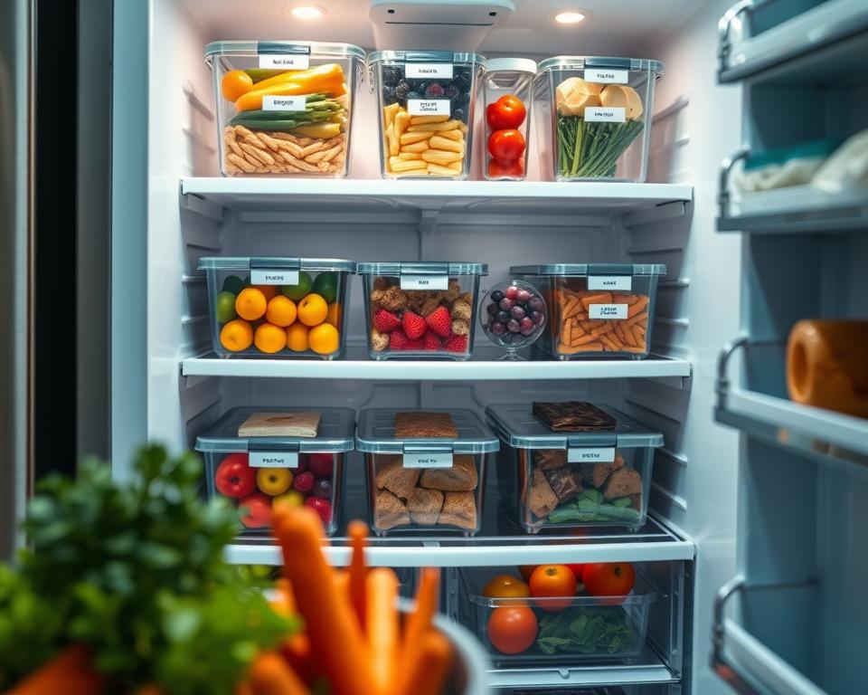 An energy-efficient refrigerator interior beautifully organized, showcasing labeled clear storage bins filled with fresh fruits, vegetables, and neatly arranged leftovers. In the foreground, a close-up view of vibrant produce like carrots and berries, with a focus on transparency and accessibility. The middle ground displays shelves with well-organized containers, each storing a single type of item for quick access. The background reveals a chilled, sleek stainless steel fridge with an open door, allowing cool light to illuminate the scene. Soft, even lighting creates a clean and inviting atmosphere, highlighting the organization without harsh shadows. A subtle depth of field effect adds a professional touch, emphasizing the fridge's neat arrangement while keeping the background gently blurred.