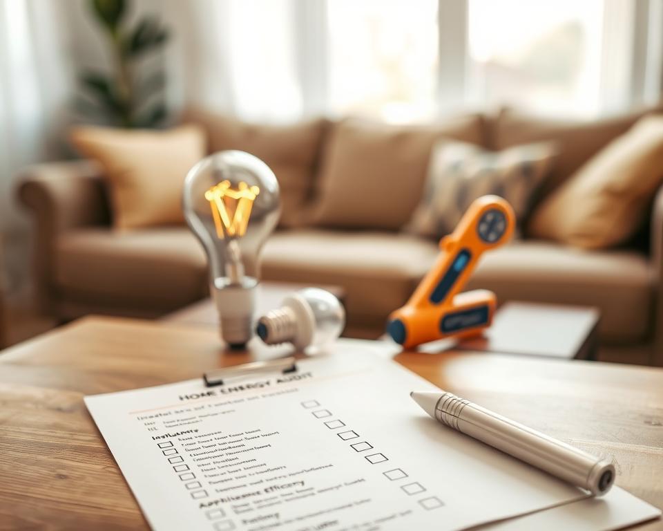 An organized home energy audit checklist displayed prominently on a wooden desk. In the foreground, the checklist features neatly outlined categories like insulation, air leaks, lighting, and appliance efficiency, with checkboxes next to each item, all in a professional, clean design. In the middle ground, a modern energy-efficient light bulb and a thermal thermometer sit next to the checklist, symbolizing the tools for the audit. The background softly blurs with hints of a cozy living room, emphasizing a warm and inviting atmosphere with natural light filtering in through a window. The overall mood is practical and encouraging, aimed at motivating homeowners to take actionable steps towards energy efficiency.
