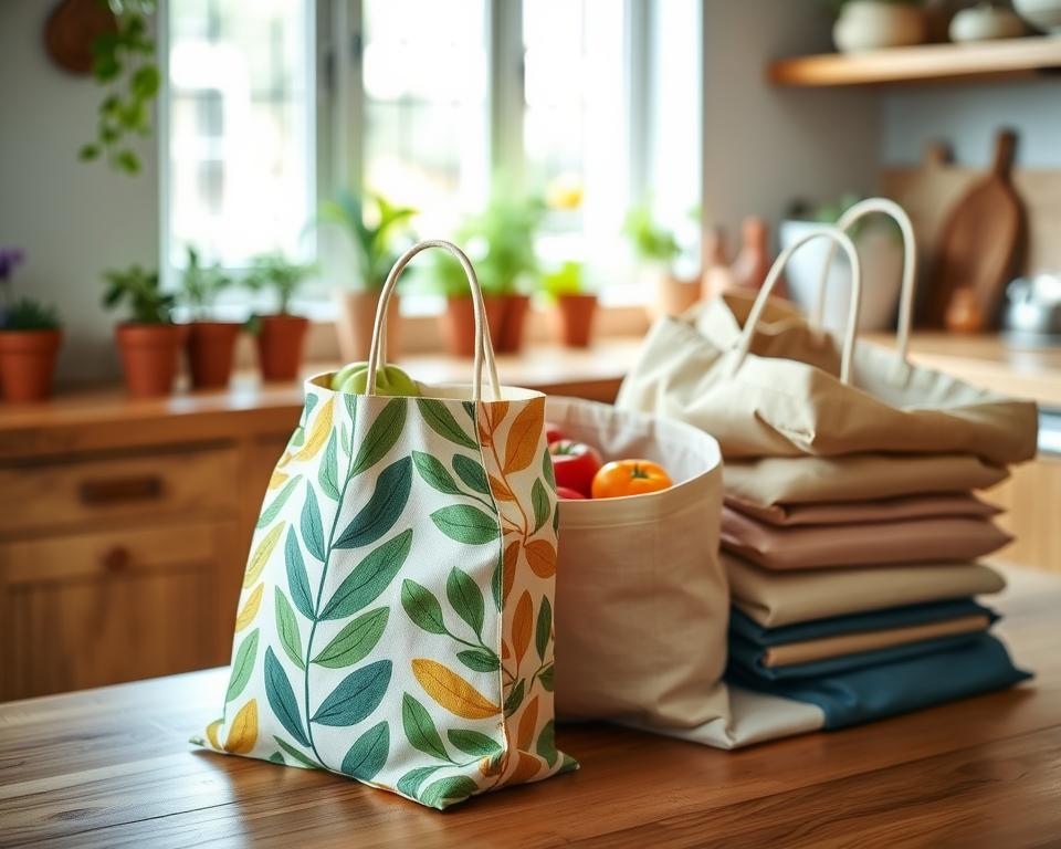 Reusable cloth bags in various colors and patterns are neatly arranged on a wooden kitchen table, showcasing their eco-friendly fabric and durable stitching. In the foreground, a vibrant, patterned bag with a leafy design is slightly open, revealing fresh produce like apples, tomatoes, and bell peppers inside. The middle ground features additional bags stacked beside each other, each uniquely designed, promoting individuality and sustainability. Soft, natural sunlight filters in from a nearby window, creating a warm and inviting atmosphere. The background is softly blurred, hinting at a cozy, well-organized kitchen with potted plants and a wooden countertop, enhancing the overall mood of eco-conscious living and practical grocery storage. The scene is well-composed to convey the importance of using reusable bags for sustainable shopping.