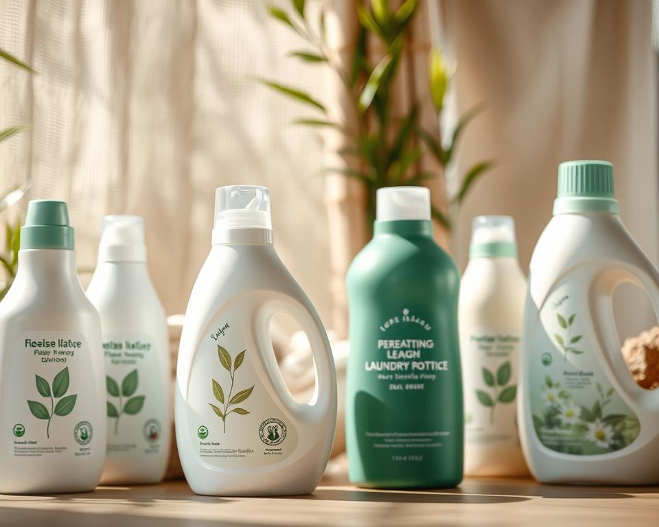 eco-friendly laundry detergents packaging, featuring a variety of innovative designs that emphasize sustainability. In the foreground, display a selection of eco-friendly bottles made from recycled materials, showcasing soft pastel colors and nature-inspired motifs like leaves and flowers. The middle ground includes a backdrop of natural elements, such as bamboo and cloth, symbolizing an earth-conscious lifestyle. Bright, diffused sunlight enhances the scene, creating a warm and inviting atmosphere. The composition should evoke a sense of tranquility and eco-awareness, emphasizing the connection between laundry products and environmental sustainability. Use a shallow depth of field to focus on the packaging, creating a soft blur of the natural elements in the background.